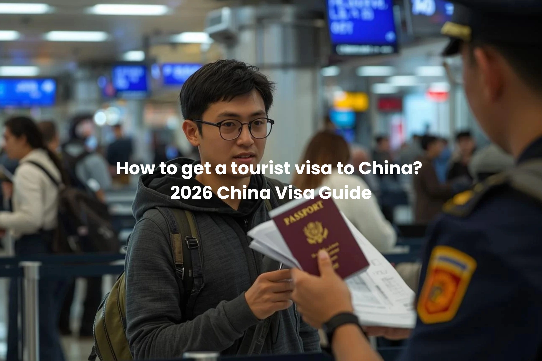 Traveler in China with passport and visa.