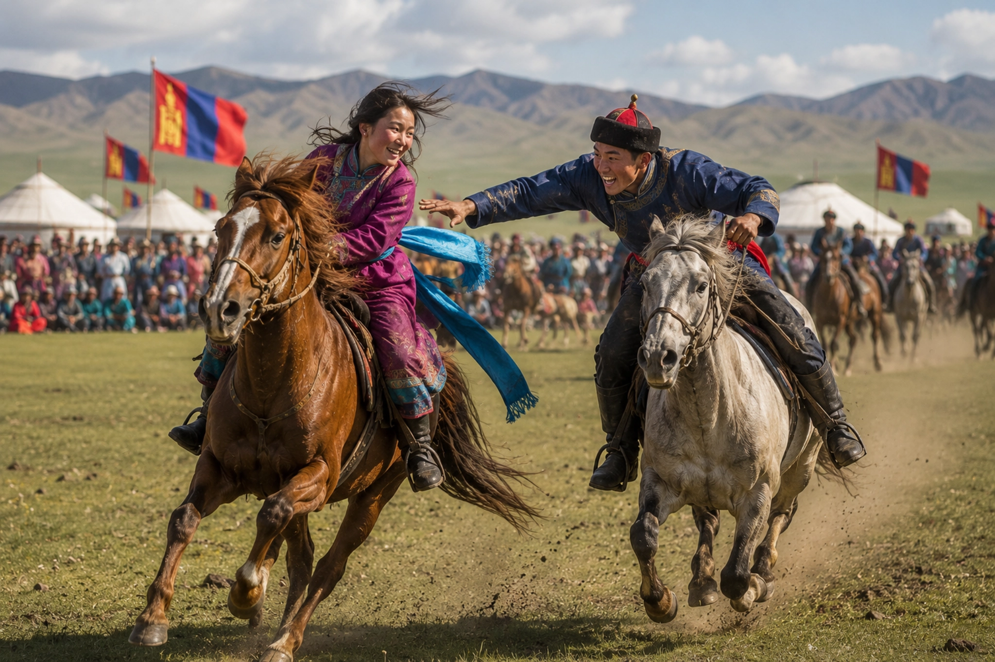 horse racing chase, mongolia, horseback chase, Kyz kuar