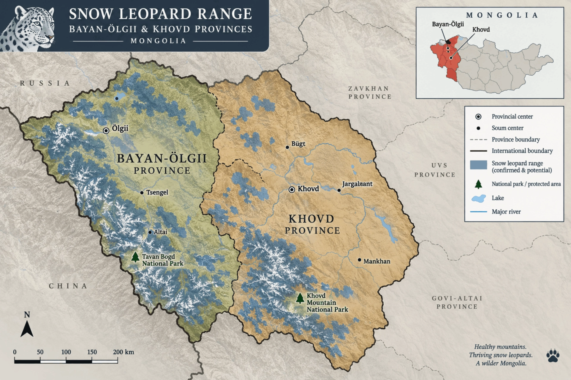 mongolia, map, snow leopards